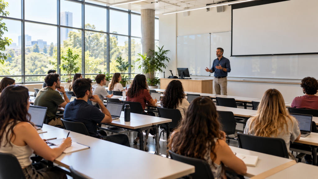 Sala de aula universitária com professor e estudantes