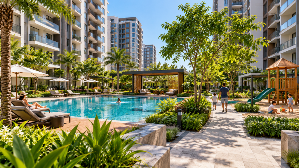 Pátio residencial moderno com piscina