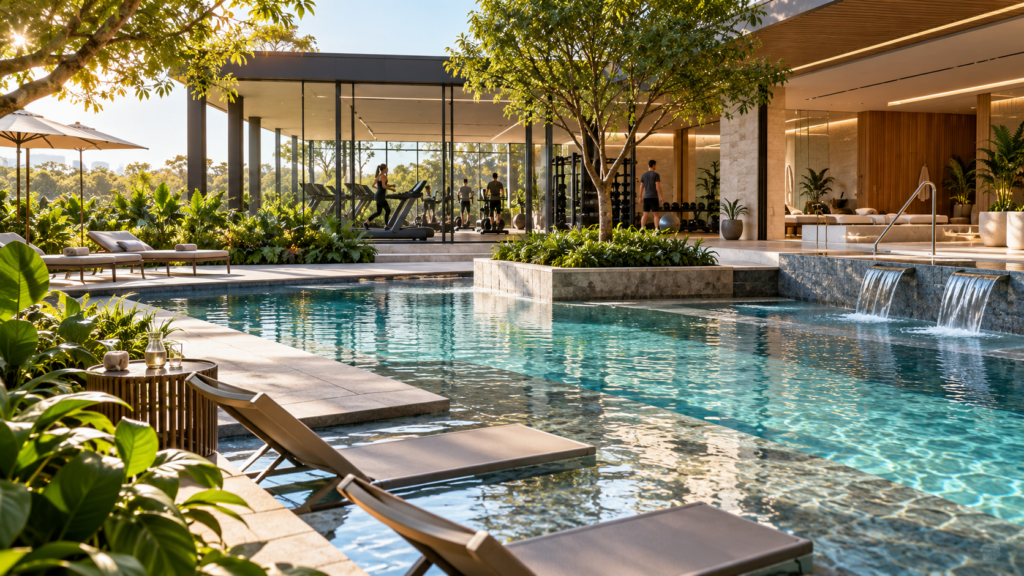Área de bem-estar com piscina e spa