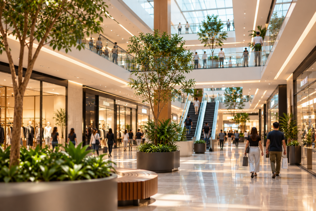 Átrio de shopping center com escadas rolantes