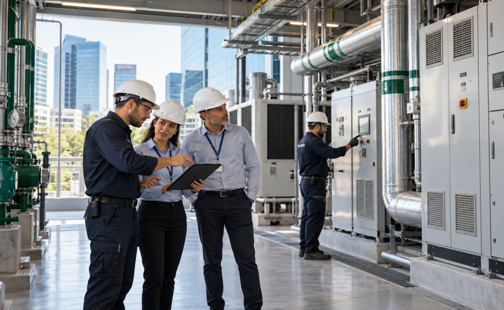 Equipe de engenharia inspecionando sistemas de climatização (HVAC)
