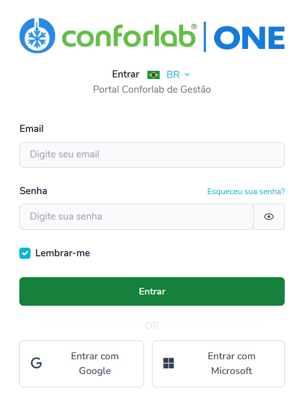 Tela de entrada do Conforlab ONE, Portal Conforlab de Gestão, com acesso por e-mail, Google ou Microsoft