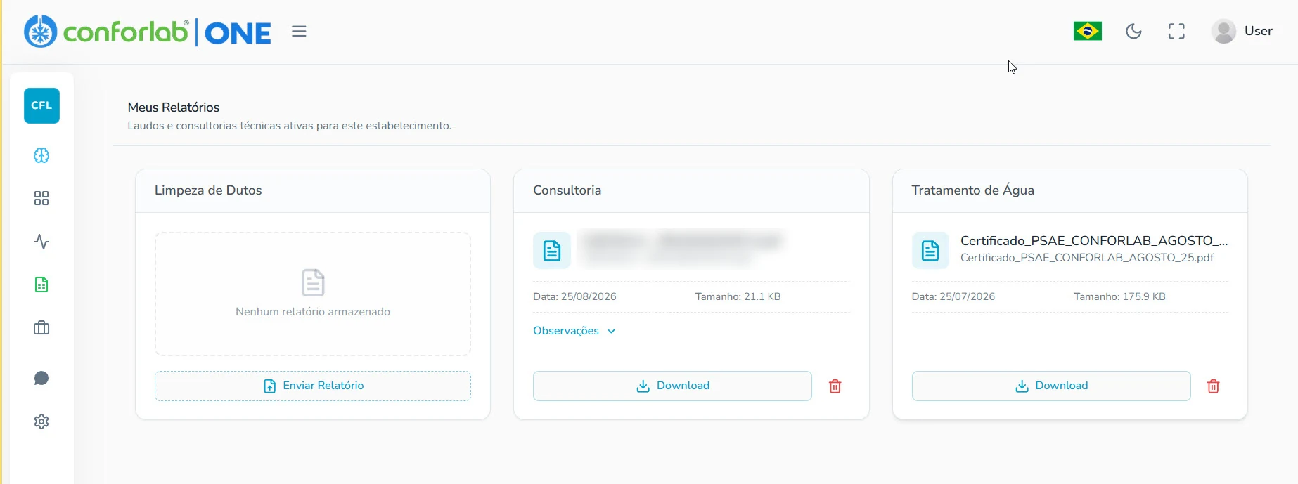 Área Meus Relatórios do Conforlab ONE, com relatórios por serviço contratado