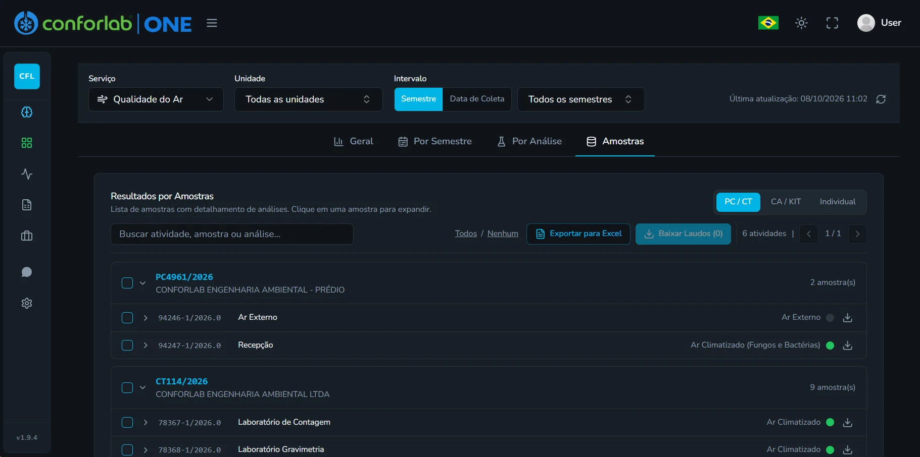 Lista de resultados por amostra no Conforlab ONE, com download de laudos