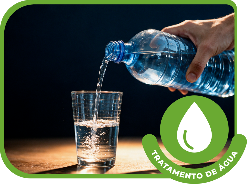 Mão servindo água de uma garrafa em um copo, com o selo Tratamento de Água da Conforlab