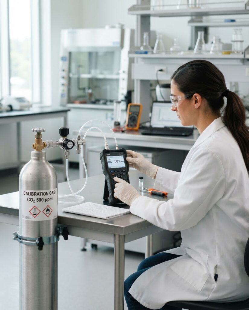 Técnica calibrando medidor de CO2 com cilindro de gás de referência certificado