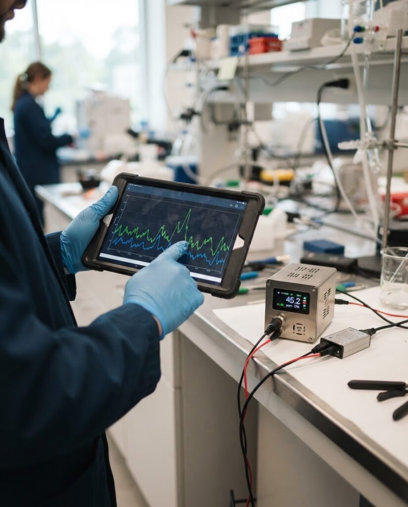 Técnico comparando leituras de sensor de gás em tablet durante a calibração