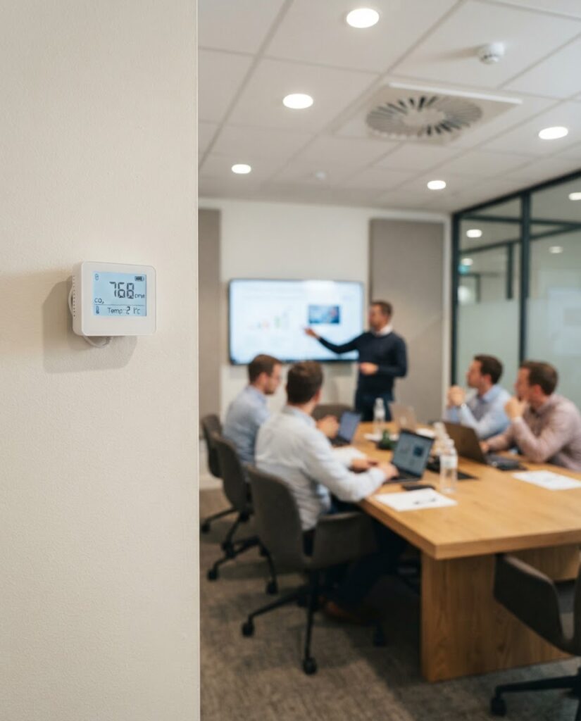 Monitor de CO2 instalado na parede de uma sala de reunião climatizada