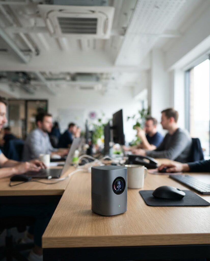Monitor de qualidade do ar medindo material particulado em escritório climatizado