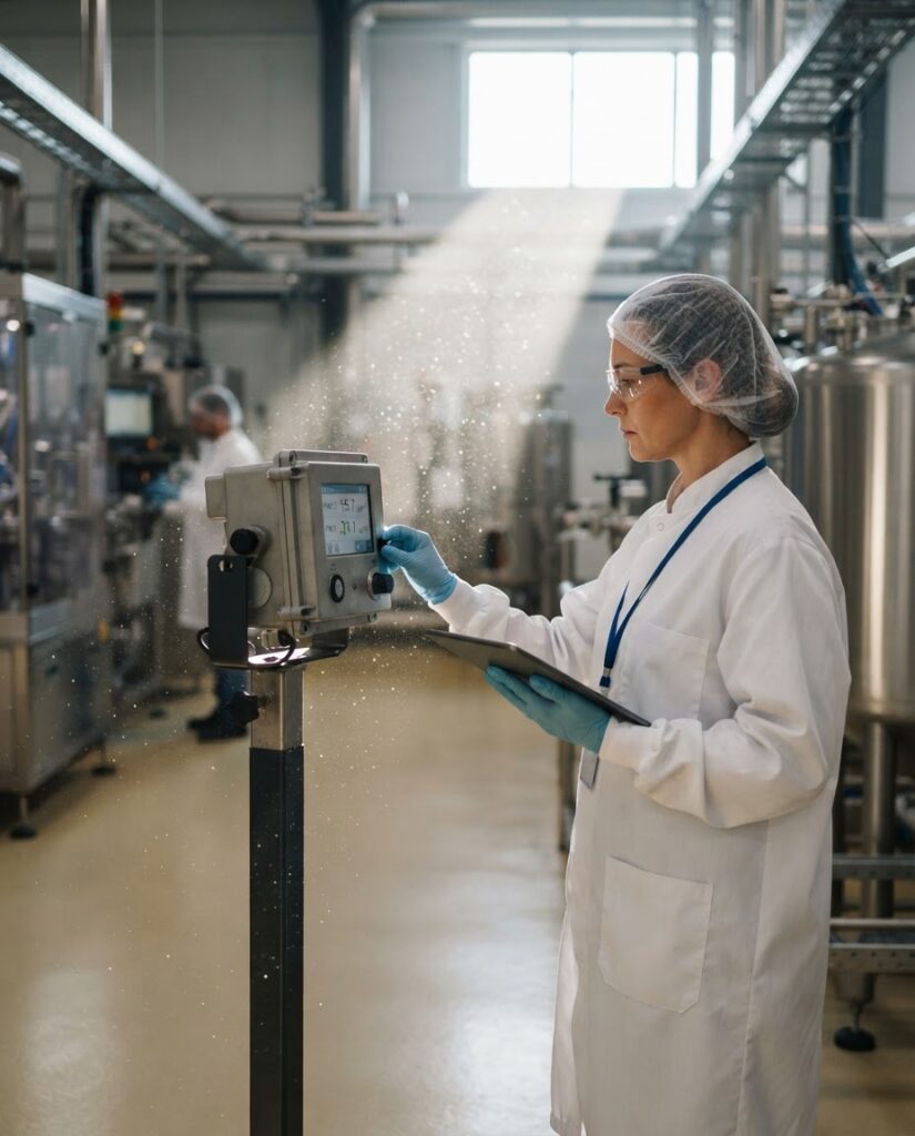 Técnica conferindo monitor de material particulado em área de produção