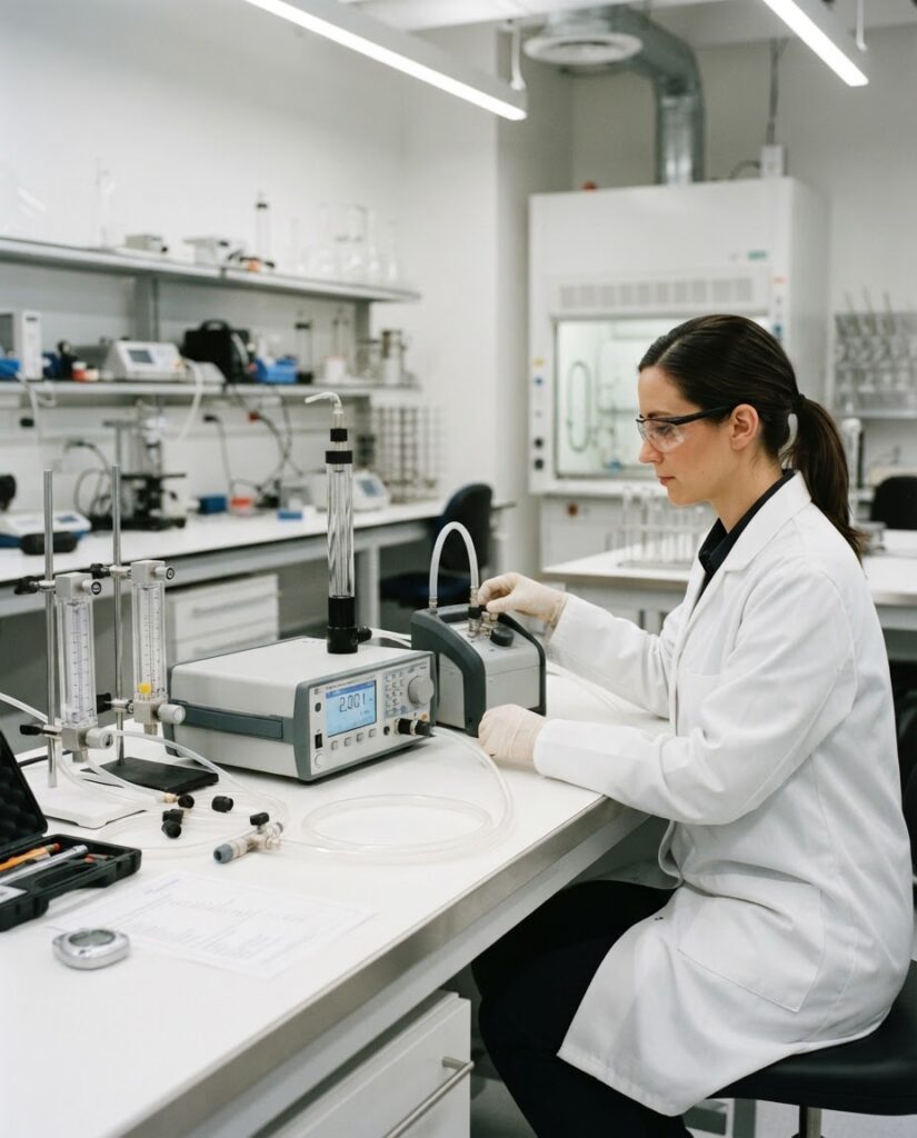 Técnica calibrando bomba de amostragem de ar com calibrador de vazão em laboratório
